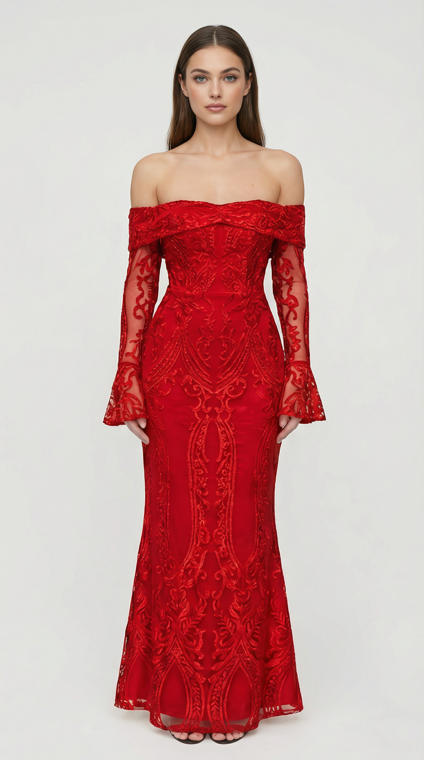 Burgundy Off-Shoulder Lace Maxi Dress with Flared Sleeves