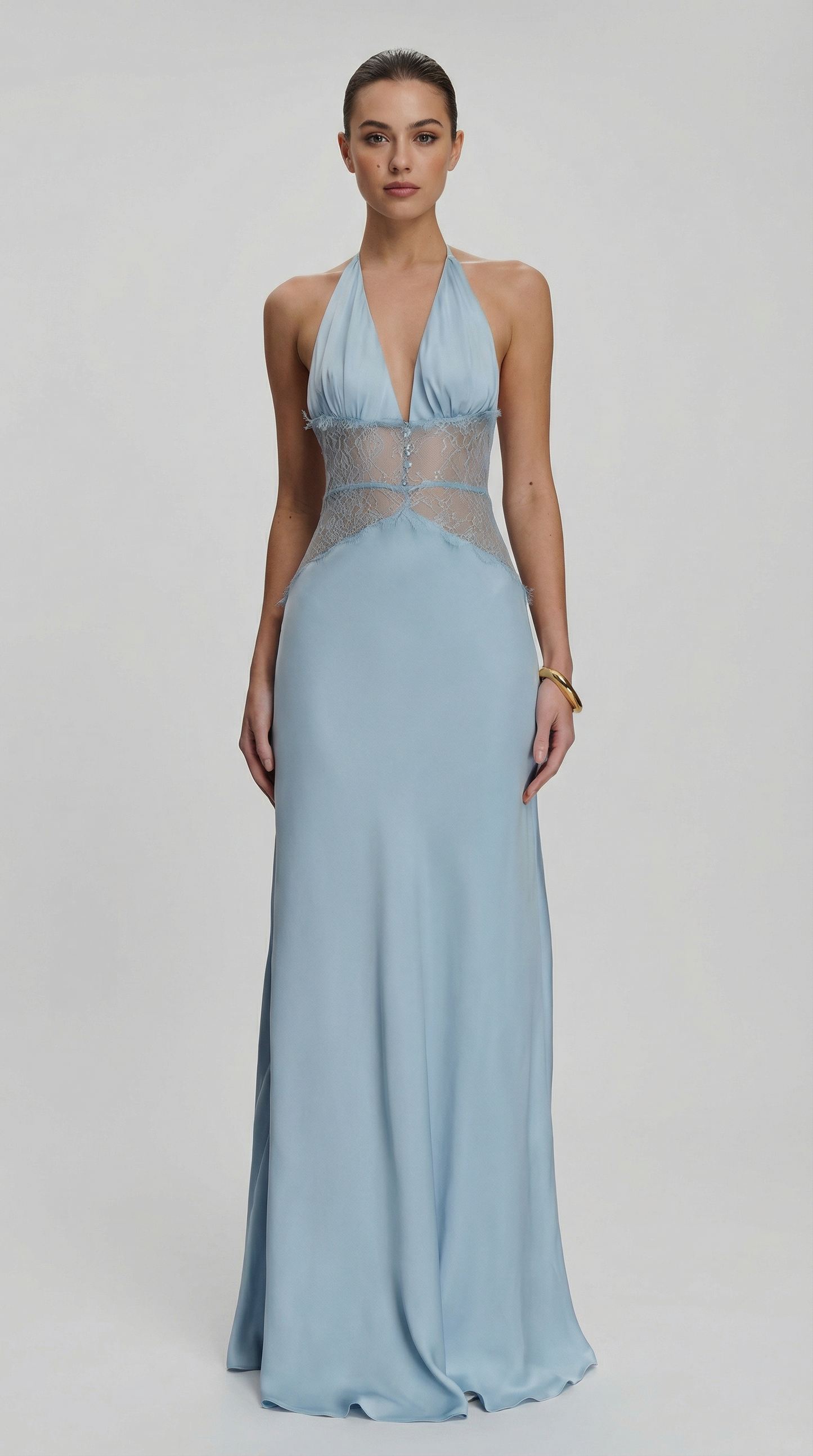 Backless Deep V Halter Lace Waist Satin Maxi Dress