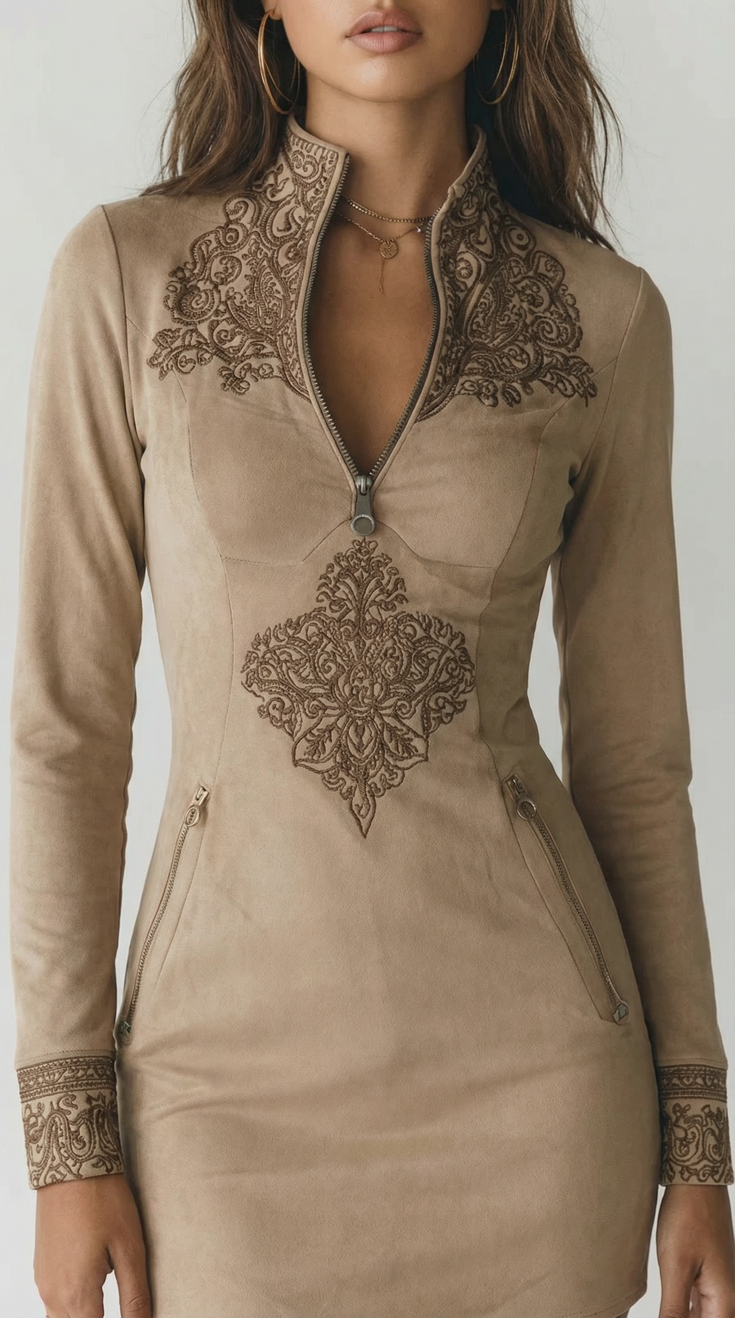 Vintage Beige Zip-Up Embroidered Microsuede Mini Dress With Pockets