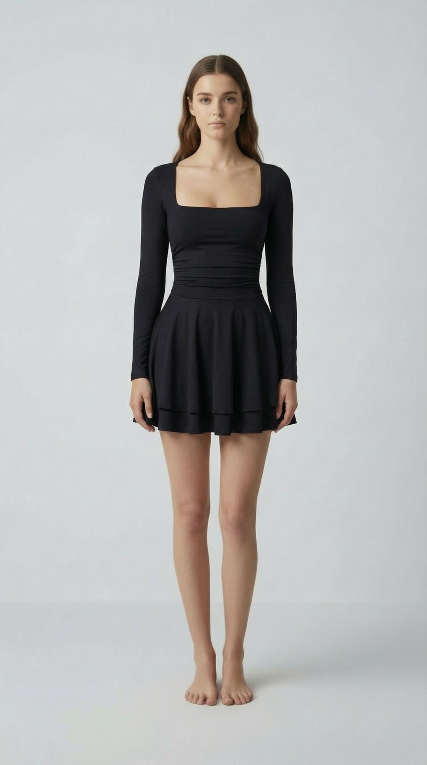 Square Neck Long Sleeve Mini Dress – Slim Fit Bubble Skirt Style