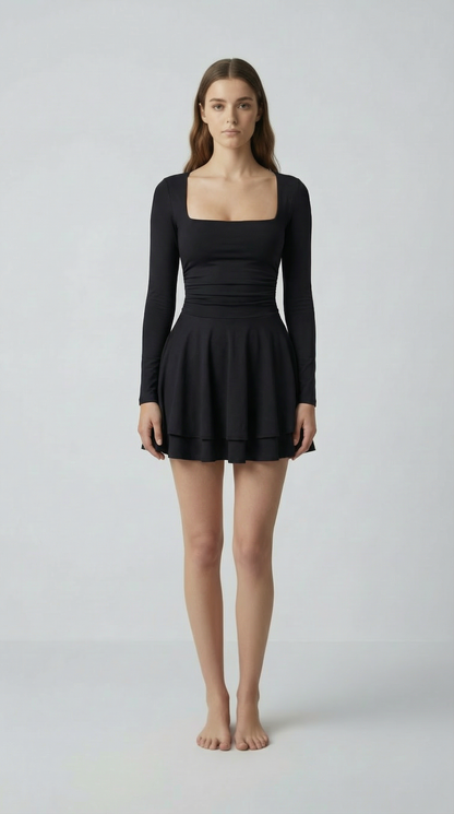 Square Neck Long Sleeve Mini Dress – Slim Fit Bubble Skirt Style