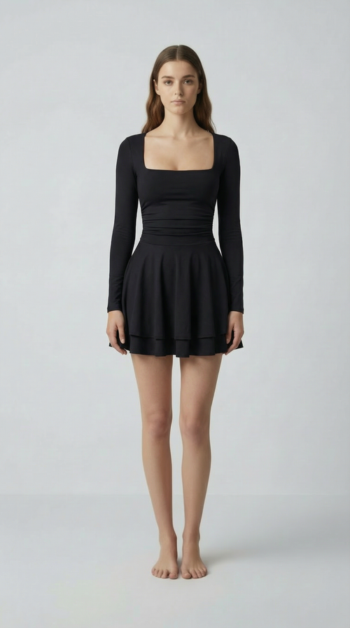 Square Neck Long Sleeve Mini Dress – Slim Fit Bubble Skirt Style