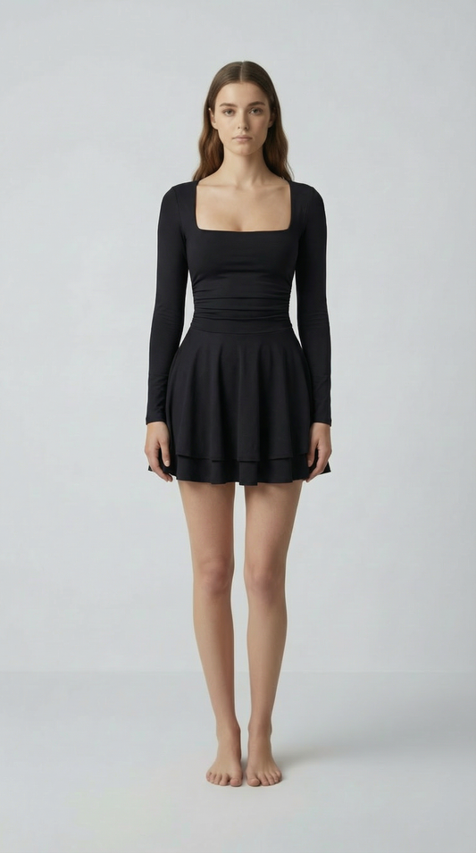 Square Neck Long Sleeve Mini Dress – Slim Fit Bubble Skirt Style