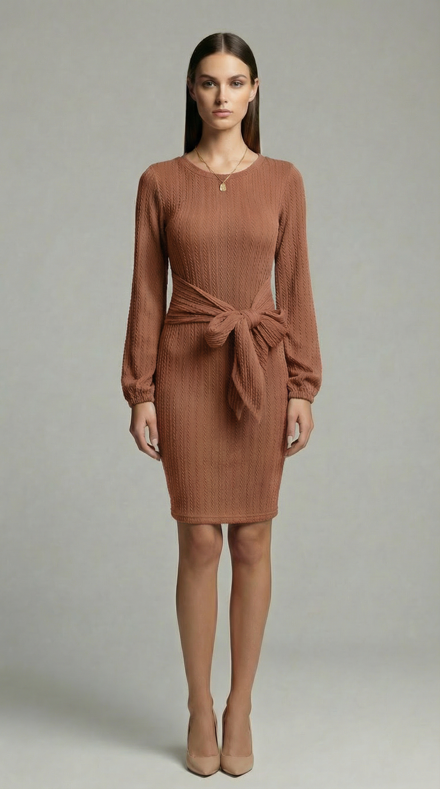 Elegant Ribbed Knit Bodycon Dress with Tie Waist – Long Sleeve Minimalist Sweater Dress