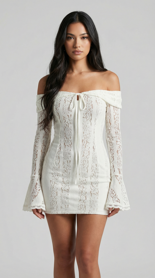 Off-Shoulder Lace Mini Dress with Flared Sleeves