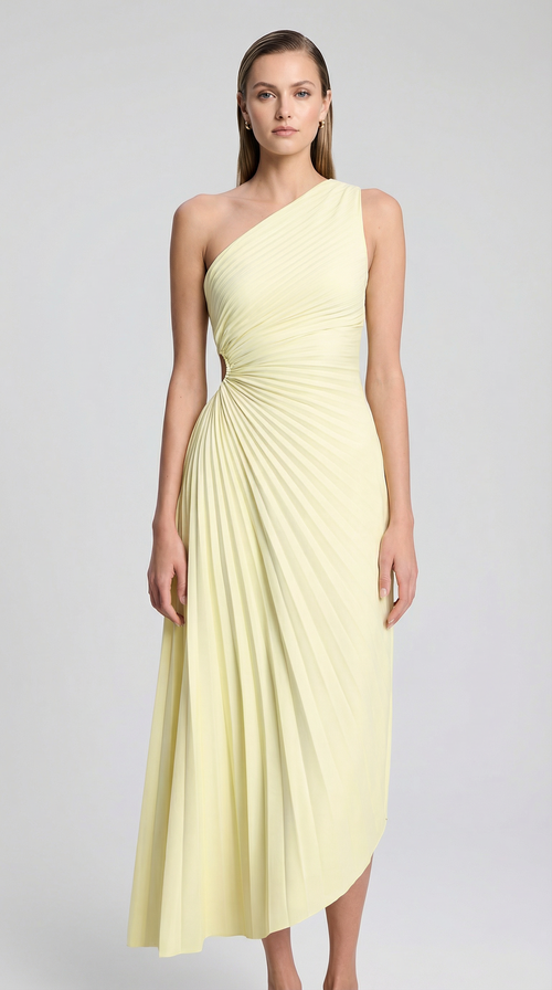 Lemon One-Shoulder Pleated Asymmetric Midi Party Dress