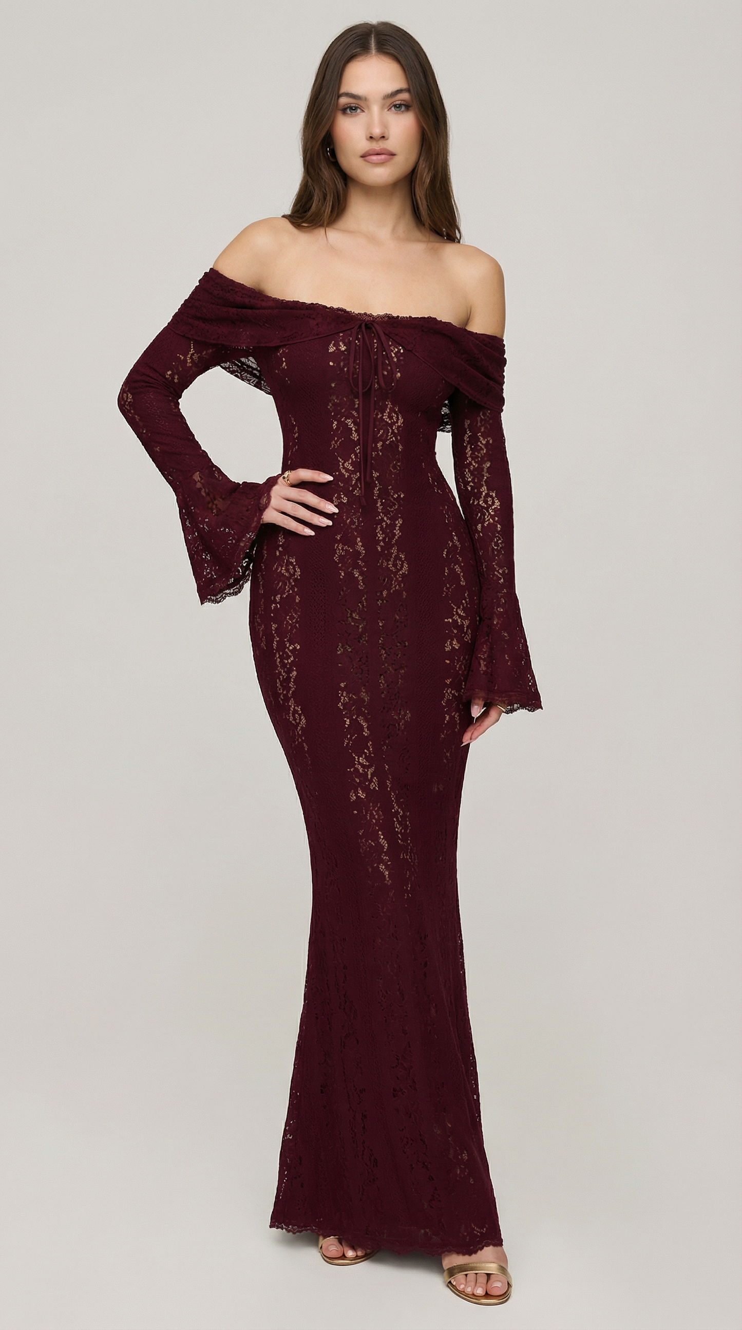 Burgundy Off-Shoulder Lace Maxi Dress with Flared Sleeves