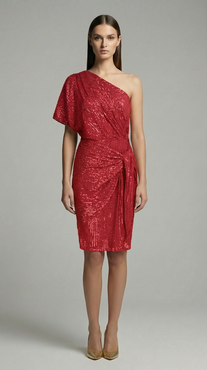 Vintage One-Shoulder Sequin Mini Dress – Elegant Pleated Cocktail & Party Dress