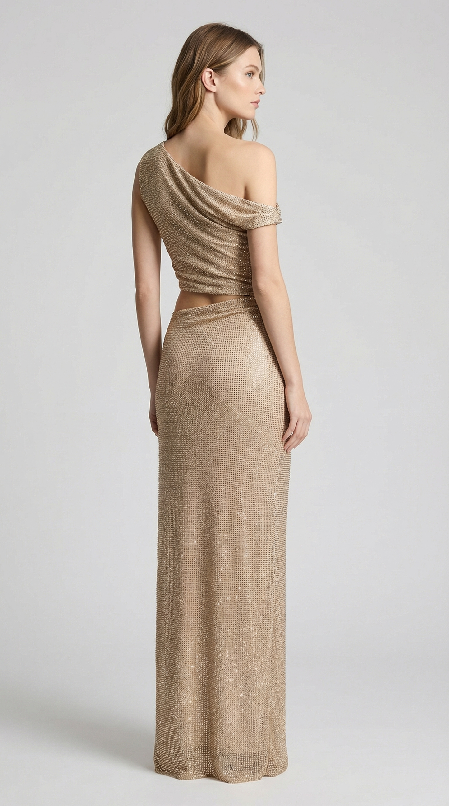 Apricot One-Shoulder Sparkly Cutout Ankle-Length Party Dress
