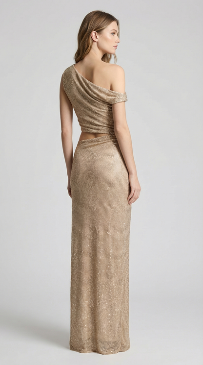 Apricot One-Shoulder Sparkly Cutout Ankle-Length Party Dress