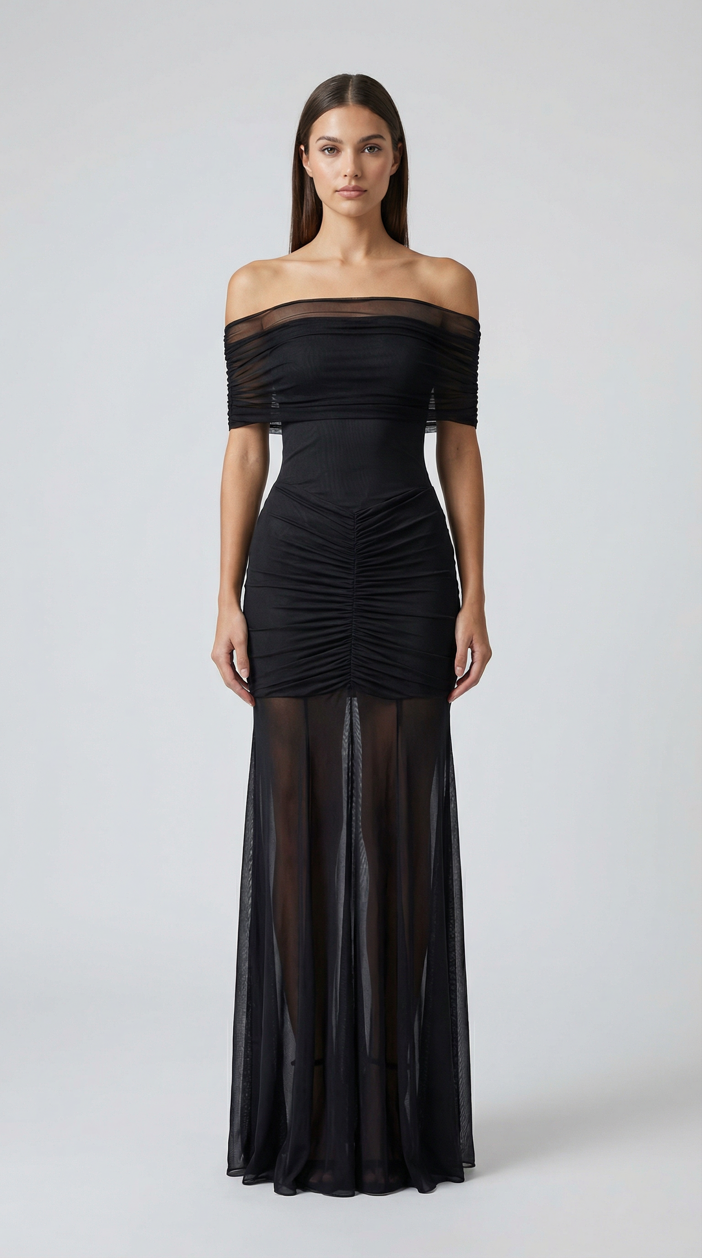 Strapless Ruched Mesh Patchwork Maxi Dress