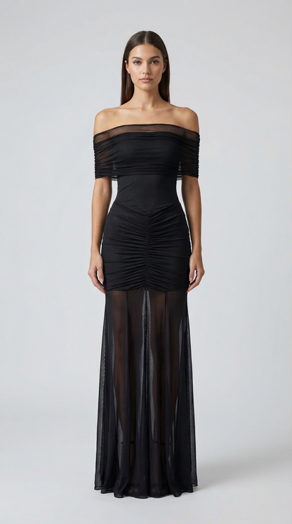 Strapless Ruched Mesh Patchwork Maxi Dress