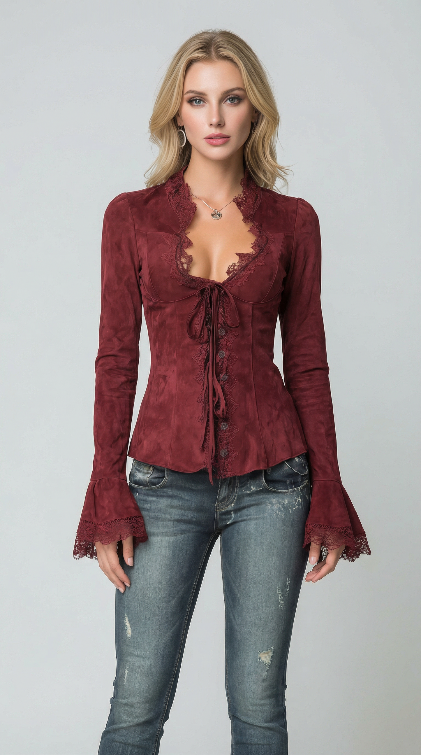 Vintage Lace Trim Polyester Suede Embroidered Blouse