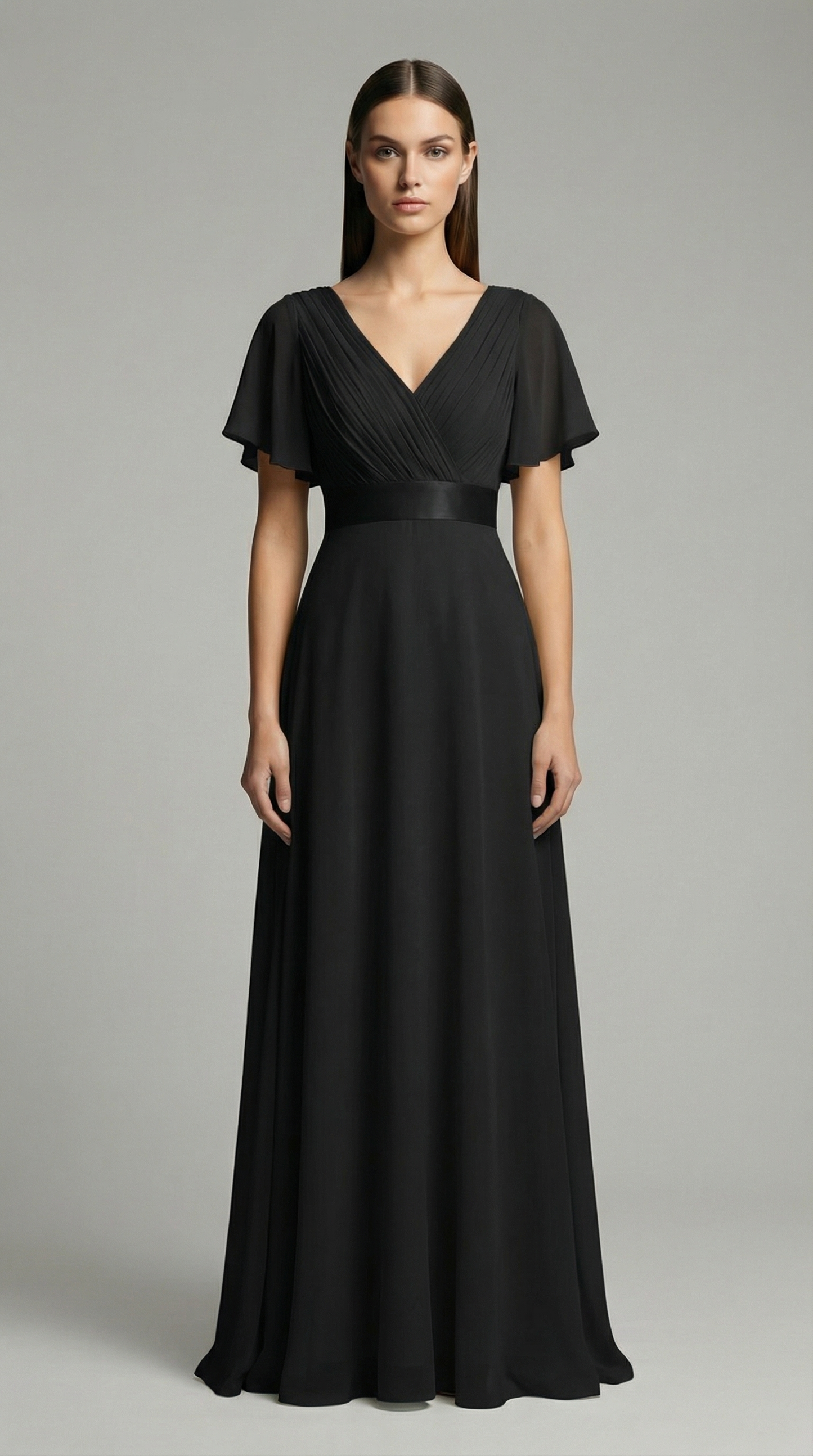 Elegant V-Neck Chiffon Maxi Evening Dress with Flutter Sleeves