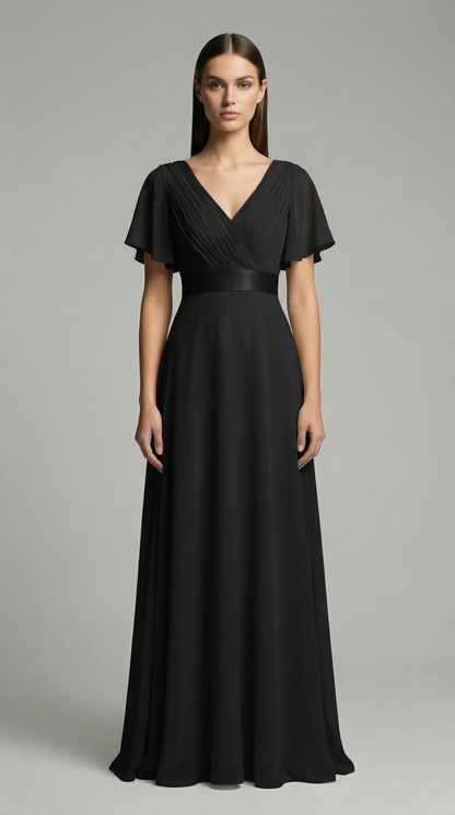 Elegant V-Neck Chiffon Maxi Evening Dress with Flutter Sleeves
