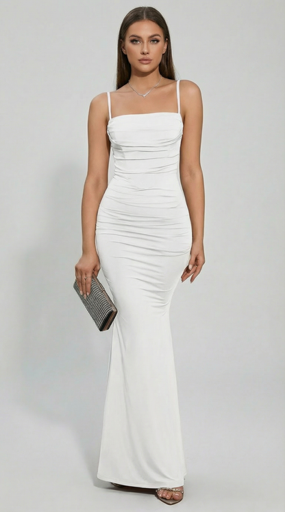 Ruched Spaghetti Strap Bodycon Maxi Evening Dress