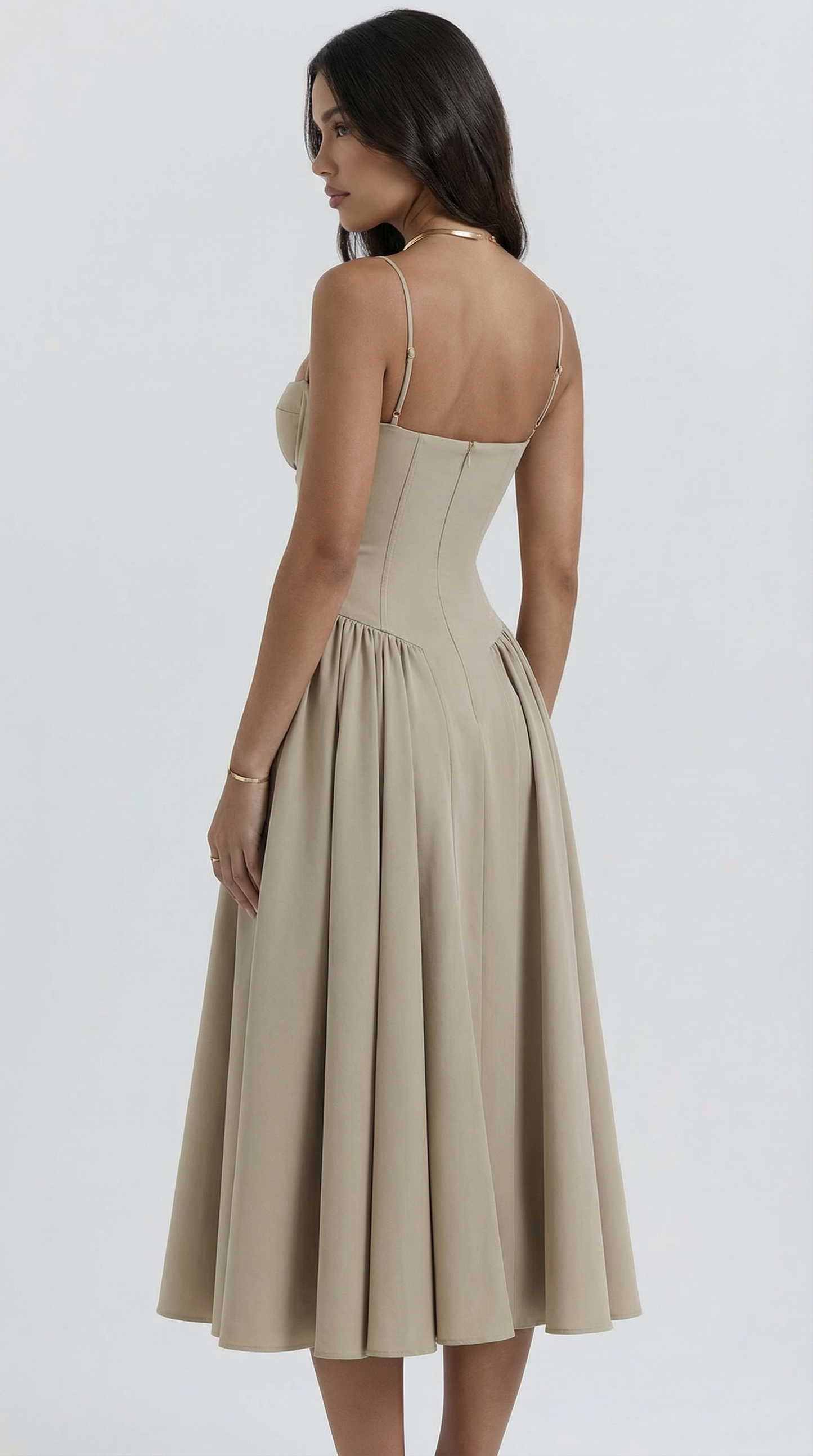 Khaki Corset Spaghetti Strap A-Line Midi Party Dress