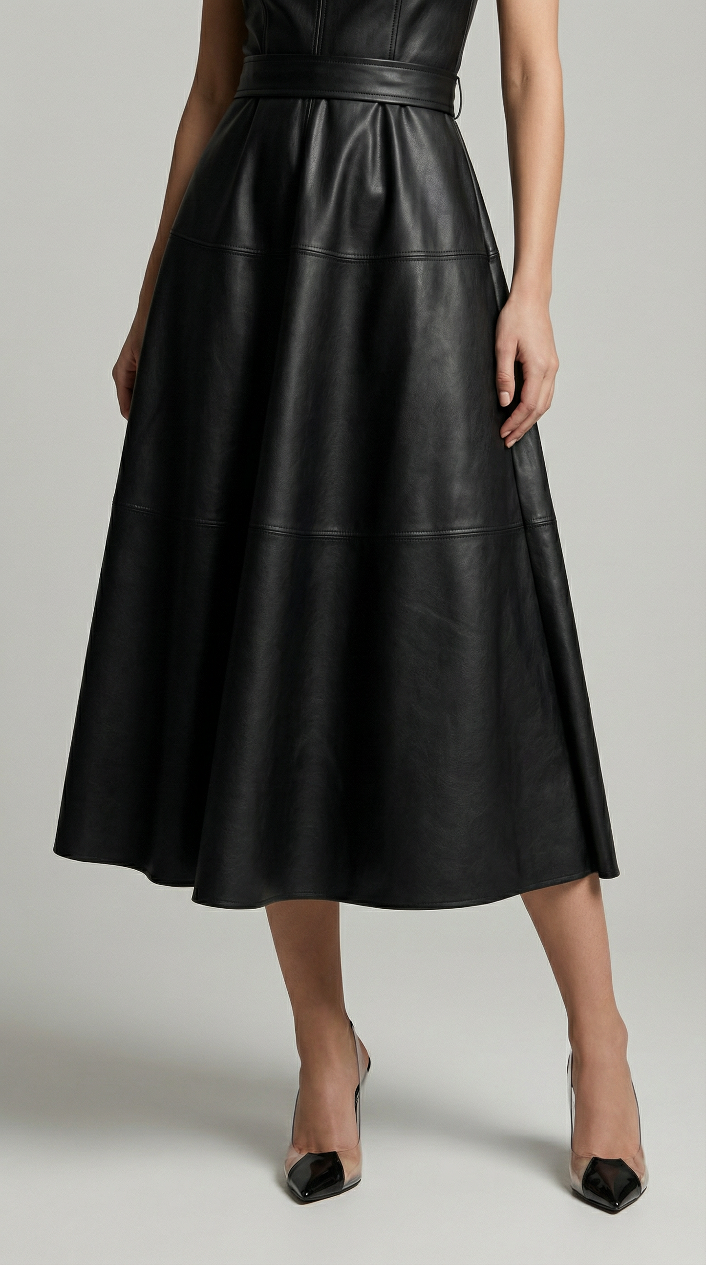 Elegant Sleeveless PU Leather A-Line Midi Dress with Zip Back & Pleated Design
