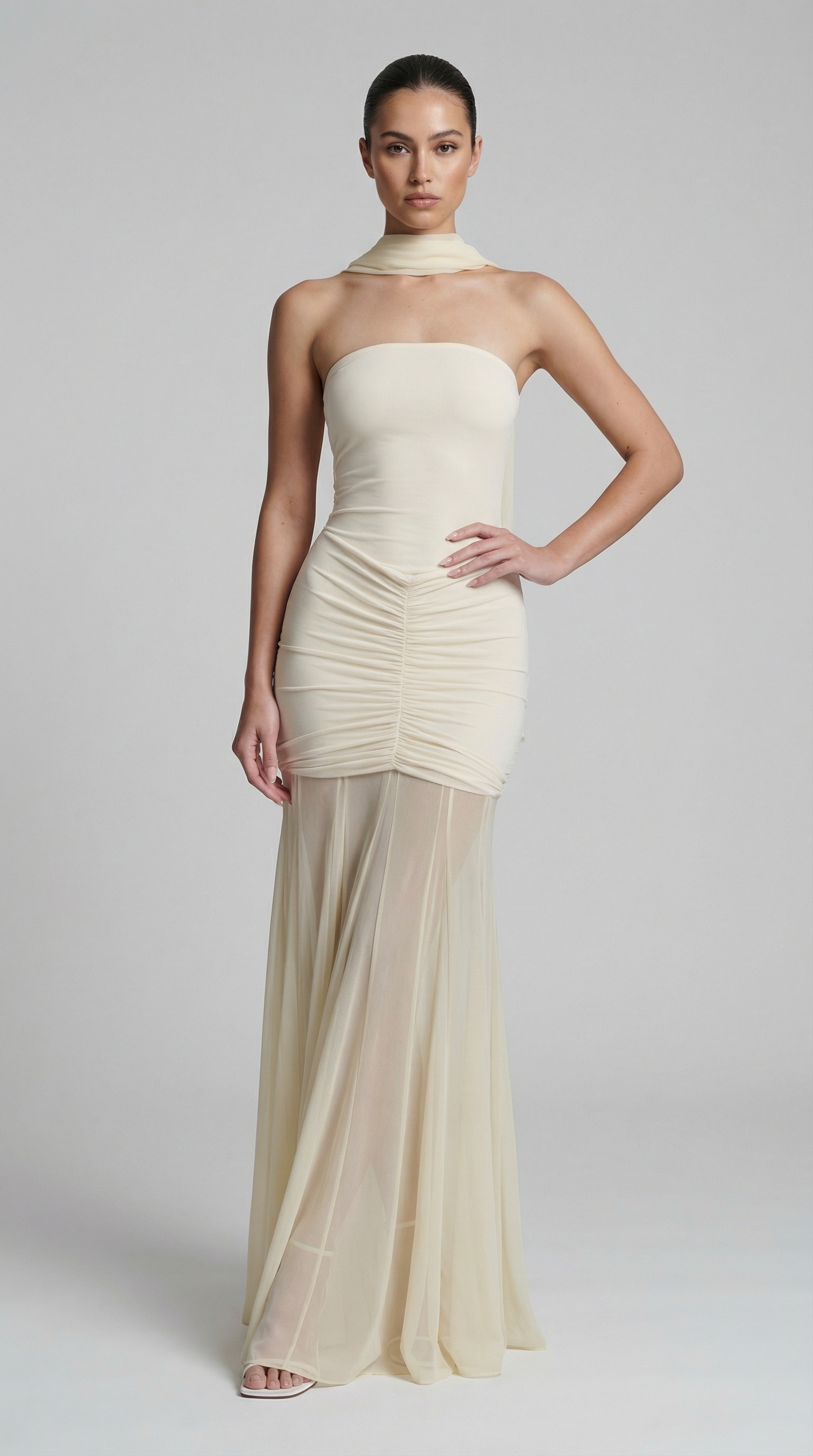 Strapless Ruched Mesh Patchwork Maxi Dress