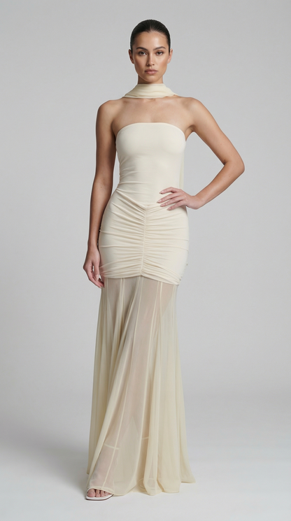 Strapless Ruched Mesh Patchwork Maxi Dress