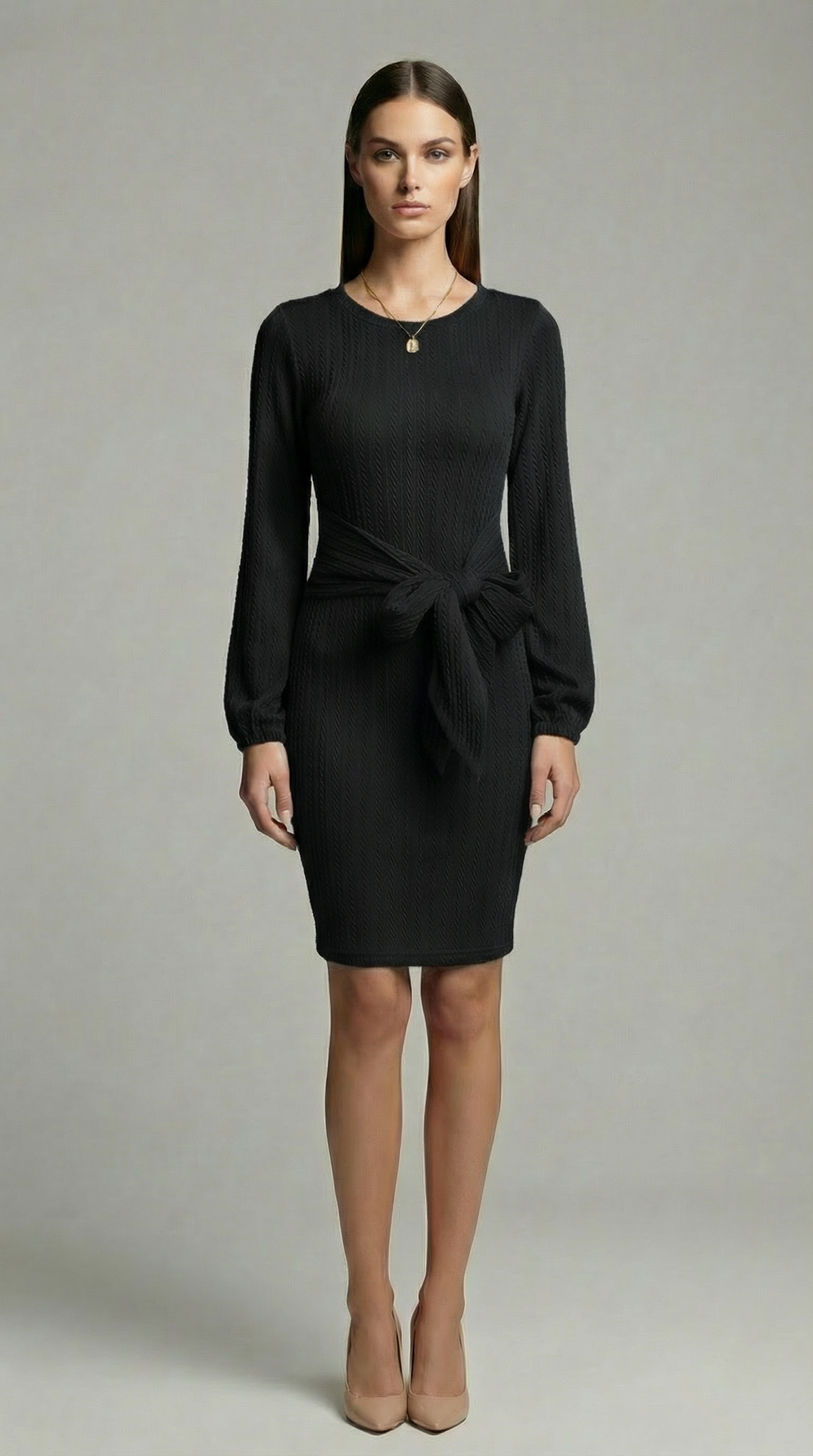 Elegant Ribbed Knit Bodycon Dress with Tie Waist – Long Sleeve Minimalist Sweater Dress