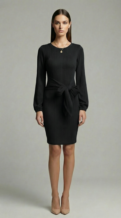 Elegant Ribbed Knit Bodycon Dress with Tie Waist – Long Sleeve Minimalist Sweater Dress