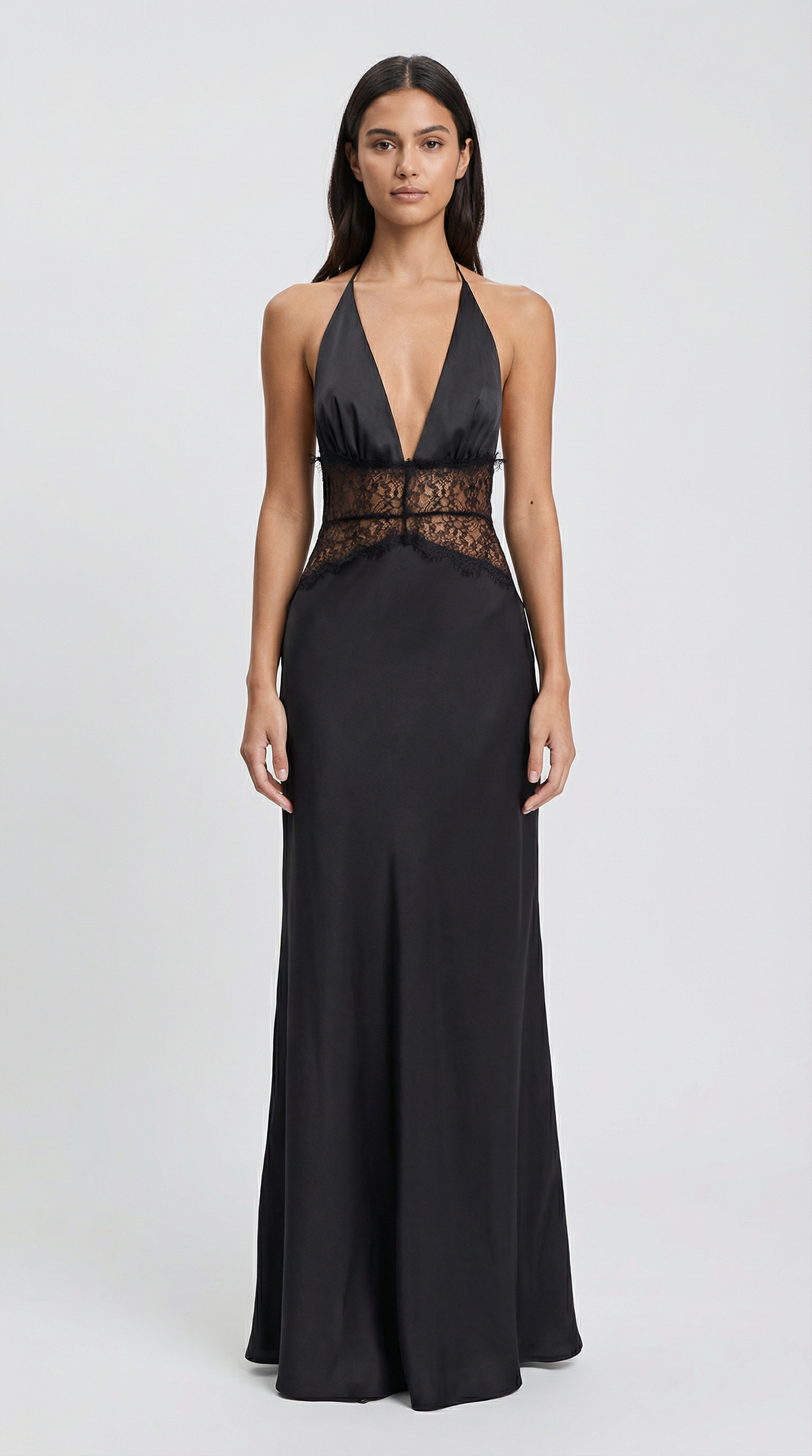 Backless Deep V Halter Lace Waist Satin Maxi Dress