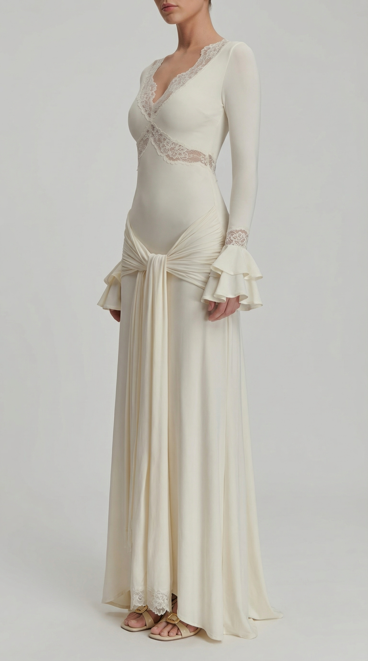 Elegant Deep V Lace Cutout Backless Long Sleeve Maxi Dress