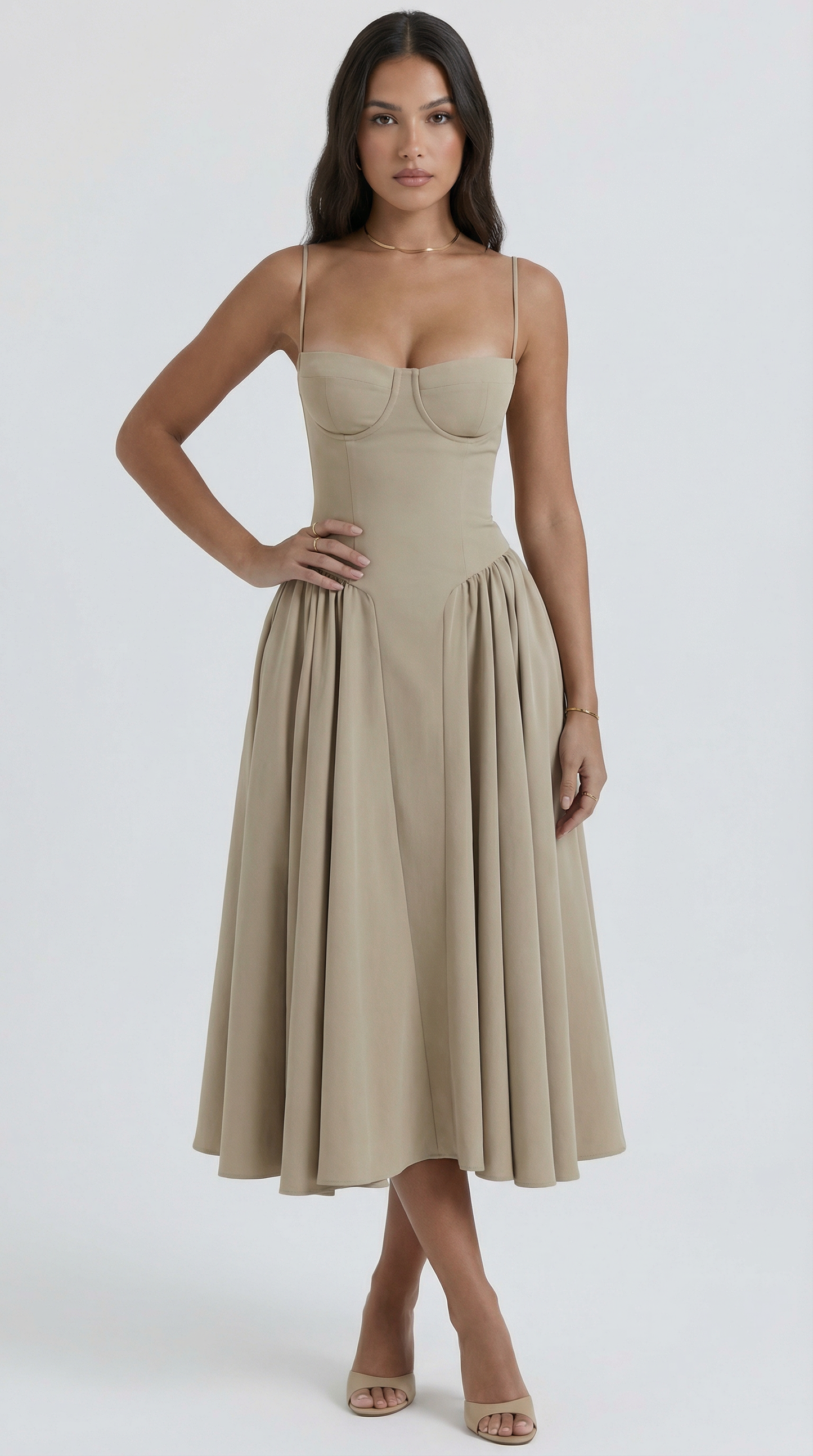 Khaki Corset Spaghetti Strap A-Line Midi Party Dress