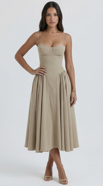 Khaki Corset Spaghetti Strap A-Line Midi Party Dress