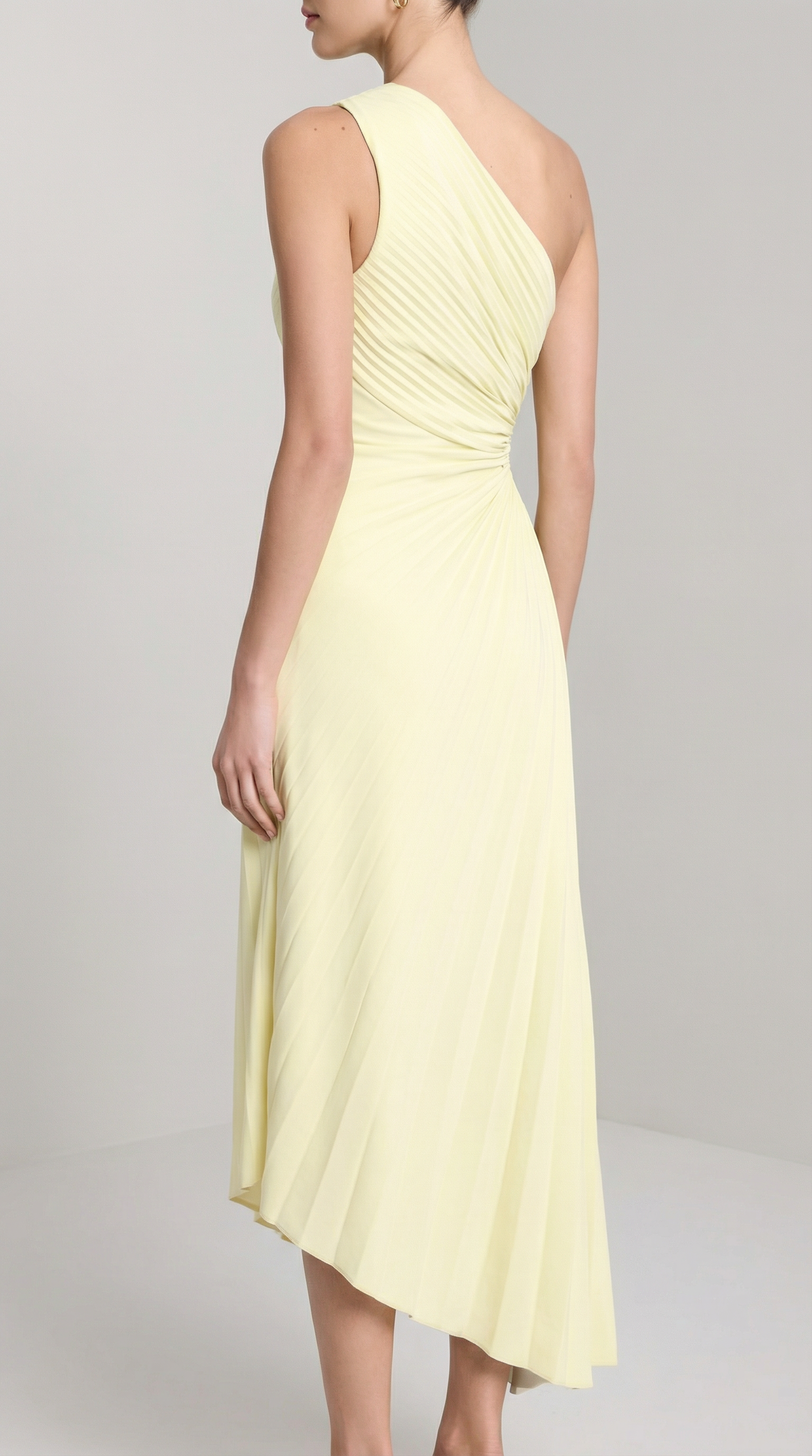 Lemon One-Shoulder Pleated Asymmetric Midi Party Dress