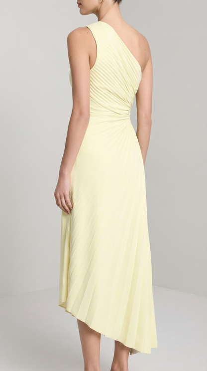 Lemon One-Shoulder Pleated Asymmetric Midi Party Dress