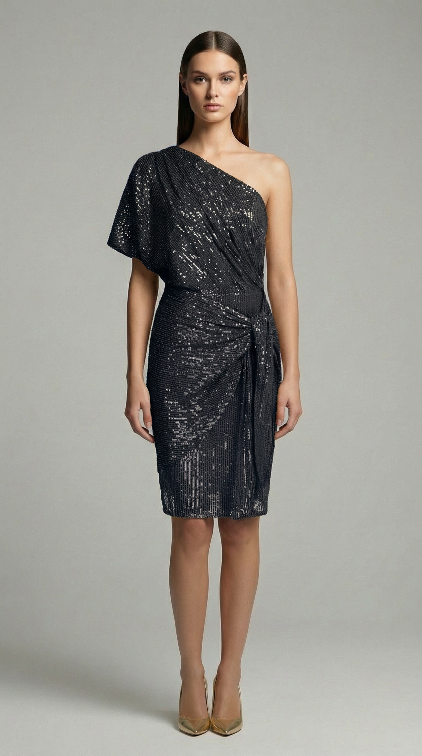 Vintage One-Shoulder Sequin Mini Dress – Elegant Pleated Cocktail & Party Dress