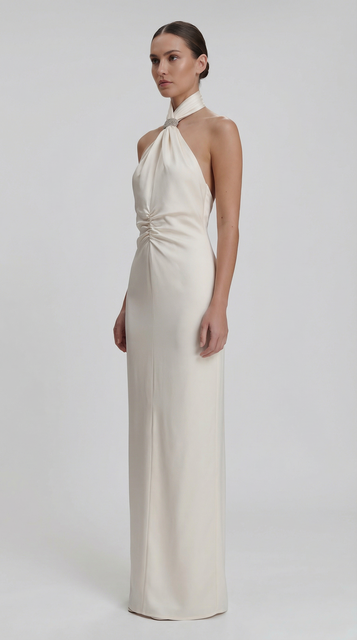 Solid Halter Neck Ruched Waist Sleek Maxi Dress