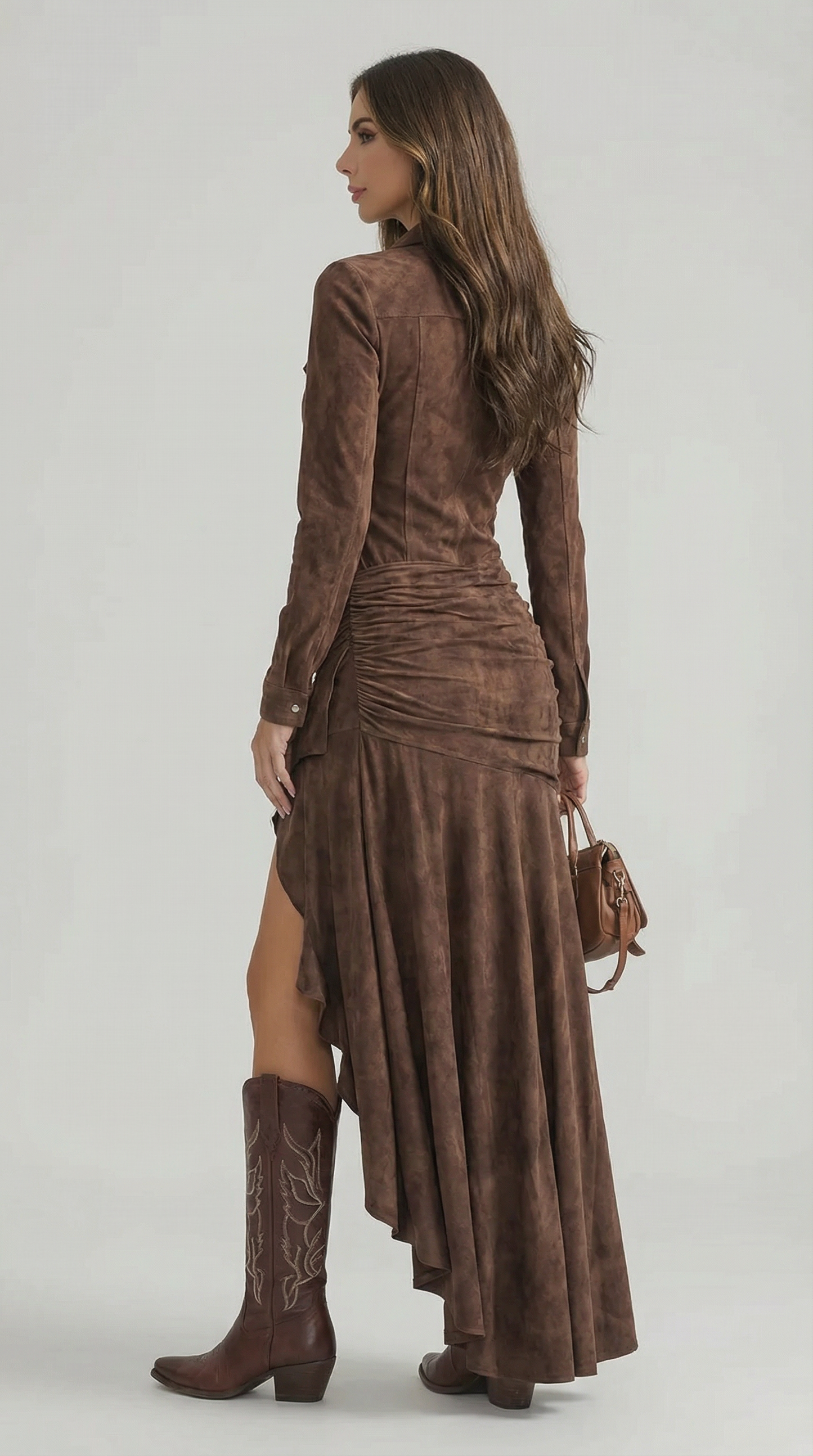Retro Brown Irregular Ruffle Lapel Long Dress