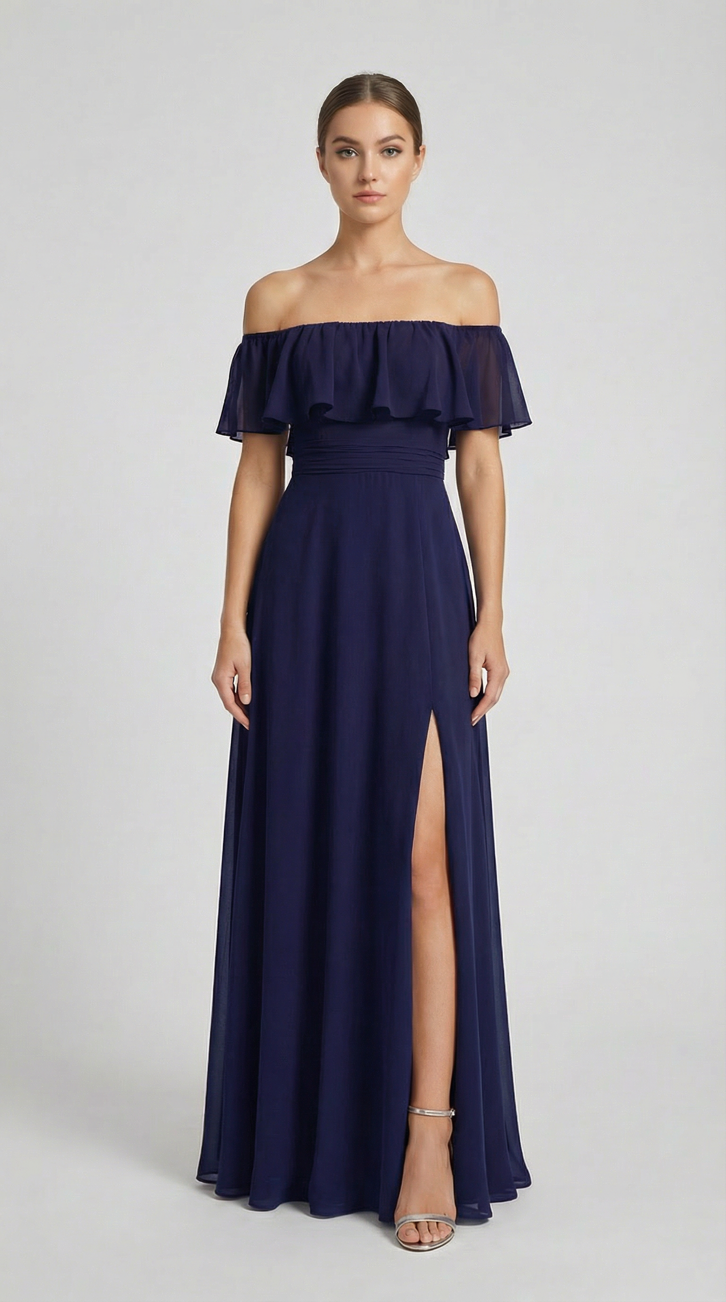 Elegant Off-The-Shoulder Maxi Bridesmaid Dress with High Slit