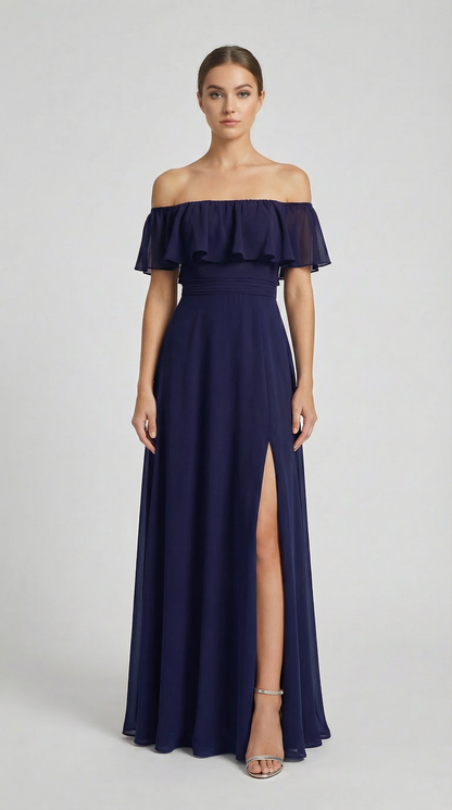 Elegant Off-The-Shoulder Maxi Bridesmaid Dress with High Slit