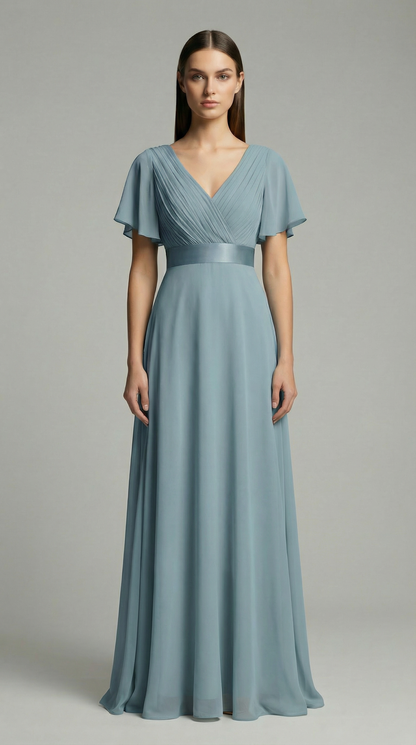 Elegant V-Neck Chiffon Maxi Evening Dress with Flutter Sleeves