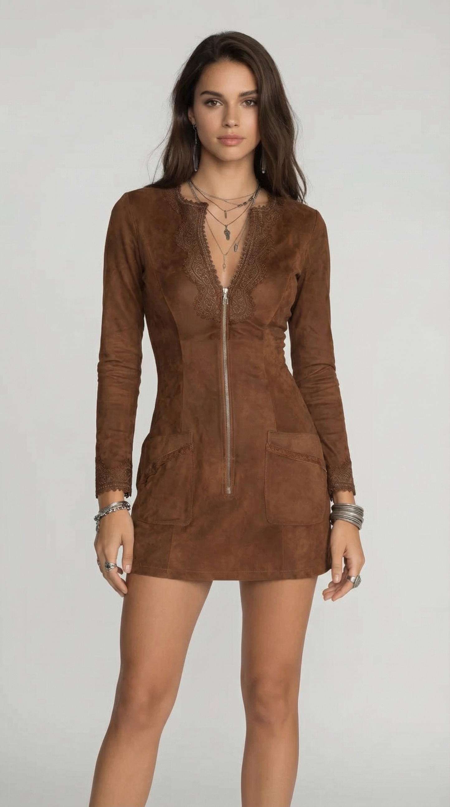 Vintage Caramel Brown Lace Trim And Zip Front Suede Mini Dress