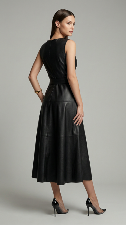 Elegant Sleeveless PU Leather A-Line Midi Dress with Zip Back & Pleated Design