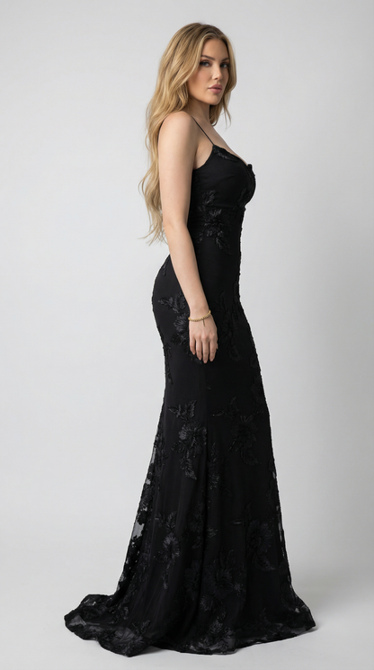 Floral Embroidered Mesh Mermaid Maxi Evening Dress