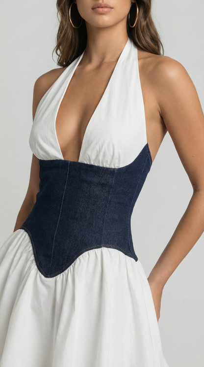 Patchwork Denim Backless Mini Dress, Halter Deep V Neck