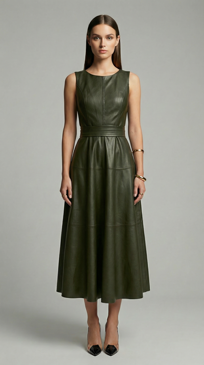 Elegant Sleeveless PU Leather A-Line Midi Dress with Zip Back & Pleated Design