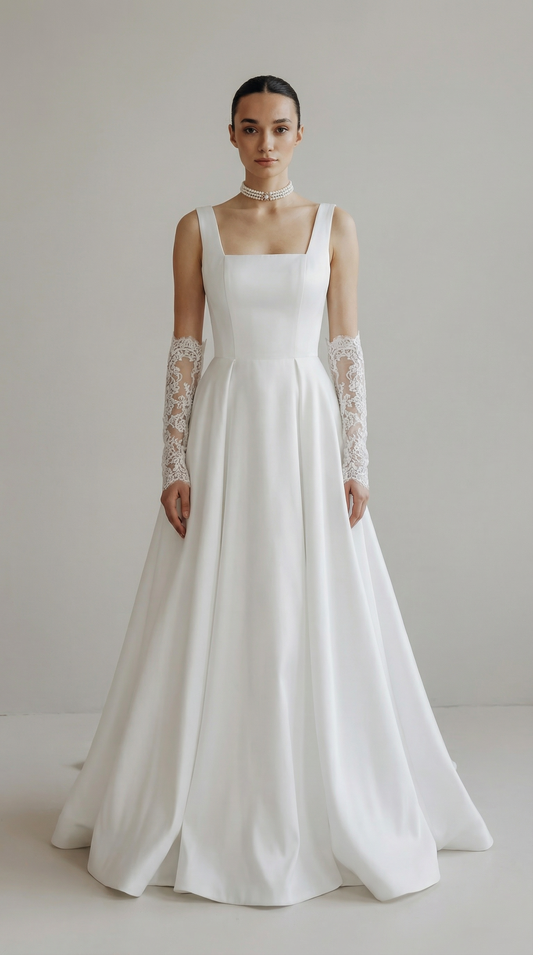Satin A-Line Square Neck Bridal Wedding Gown