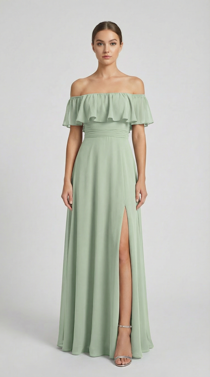Elegant Off-The-Shoulder Maxi Bridesmaid Dress with High Slit