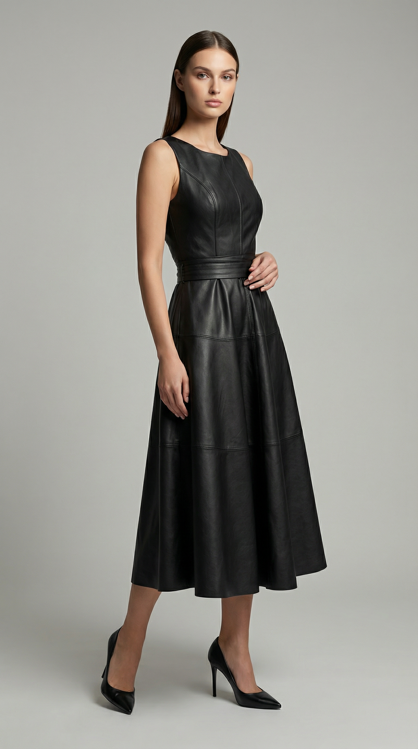 Elegant Sleeveless PU Leather A-Line Midi Dress with Zip Back & Pleated Design