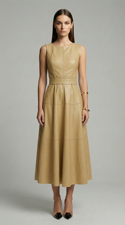 Elegant Sleeveless PU Leather A-Line Midi Dress with Zip Back & Pleated Design