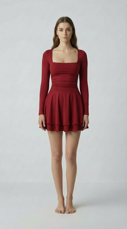 Square Neck Long Sleeve Mini Dress – Slim Fit Bubble Skirt Style