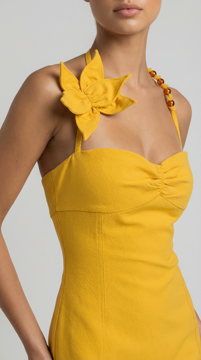 Satin Halter Sleeveless Mini Party Dress, Yellow Backless Satin Mini Evening Dress
