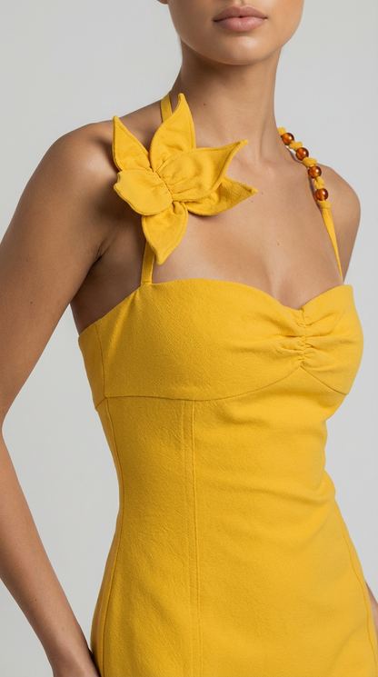 Satin Halter Sleeveless Mini Party Dress, Yellow Backless Satin Mini Evening Dress